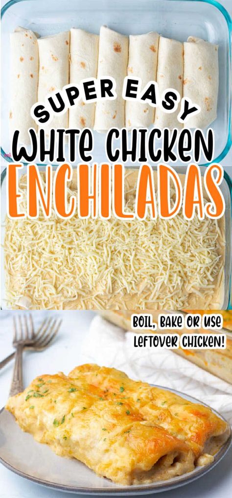 Want a crazy good dinner in just 45 minutes? These Creamy White Chicken Enchiladas are the perfect solution. This ultimate crowd-pleaser is perfect for busy weeknights when you don't have much time to cook. The best part? You can use a rotisserie chicken to make it even easier. The creamy homemade white sauce made with sour cream, green chiles, and cheese takes this simple recipe to the next level. Treat yourself to this satisfying and insanely good homemade meal tonight! Chicken Enchiladas Flour Tortillas, Enchiladas Flour Tortillas, Creamy White Chicken Enchiladas, Easy Mexican Dinner, Easy Chicken Enchilada Recipe, Creamy White Sauce, White Chicken Enchiladas, Chicken Enchiladas Easy, Enchilada Recipe