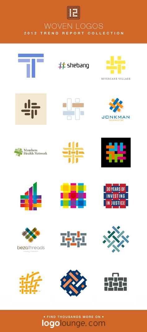 2012 LogoLounge Trend Report Collection - Woven Logos Overlapping lines weave into simple patterns in these logos. #logos #LogoLounge #2012 Yarn Branding Design, Weaving Logo Design, Textile Logo Design Ideas, Weave Logo Design, Weaving Logo, Patchwork Logo, Yarn Logo, Logo Trends, Branding Identity Inspiration