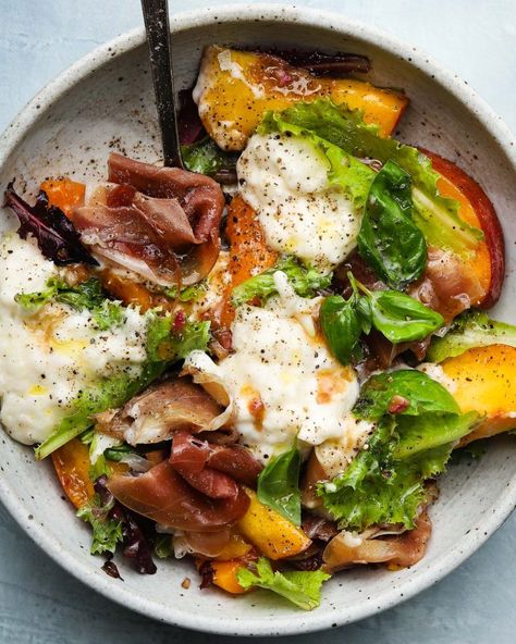 Stone Fruit, Burrata & Prosciutto Salad | Lindsey Eats Prosciutto Salad, Stone Fruit Salad, Creamy Balsamic Dressing, Pesto Salad, Fruit Appetizers, Radicchio Salad, Burrata Salad, Balsamic Dressing, Fruit Dishes