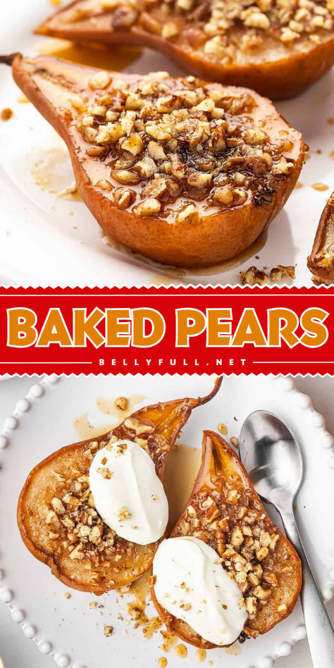 Perfectly spiced, topped with pecans, and sweetened with honey, this Baked Pears recipe requires just 5 ingredients. Serve with a scoop of vanilla ice cream or some whipped cream for a super easy yet impressive fall dessert. Sliced Pears Recipes, How To Cook Pears, Pear Apple Recipes, Spiced Pears Recipe, Red Pear Recipes, Baked Pears Recipe Desserts, Dessert With Pears, Baked Pears With Cinnamon And Honey, Pear Desserts Easy Simple