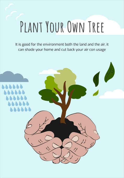 Plant your tree Environment Poster Template design features illustrated hands holding tree. Floating leafs, birds and rain clouds on background. Planting Trees Poster, Plant A Tree Poster, Tree Planting Poster, Save Trees Poster, Illustrated Hands, Agriculture Quotes, Environment Poster, Fantasy Dream, Plant Poster