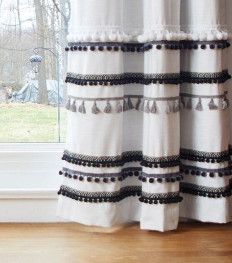 How To Make Upcycle Curtains with No Sew Trim Online | JOANN How To Embellish Plain Curtains, Diy Curtain Embellishment, Curtain Embellishments Diy, Trim On Curtains, Stencil Curtains Diy, Adding Trim To Curtains, Upcycle Curtains, Curtain Embellishments, Boho Curtains Diy