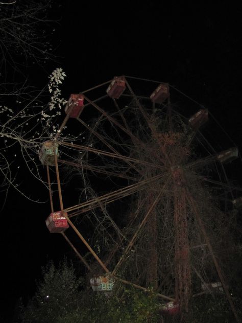 Ferris wheel at the Lake Shawnee amusement park, Lake Shawnee, Virginia. Abandoned Circus, Lake Shawnee Amusement Park, Abandoned Carnival, Scary Aesthetic, Punk 57, Abandoned Theme Parks, Circus Aesthetic, Abandoned Amusement Park, Dark Circus