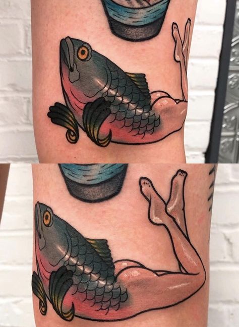 Reverse Mermaid Tattoo, Reverse Mermaid, Mermaid Tattoo Meaning, Traditional Mermaid Tattoos, Colored Tattoos, Americana Tattoo, Traditional Tattoo Inspiration, Traditional Ink, Mermaid Tattoo