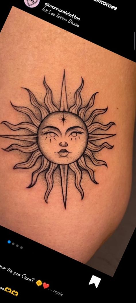 Neo Trad Sun Tattoo, Three Suns Tattoo, Afro Sun Tattoo, Sun Face Tattoo Design, Sun Shin Tattoo, Sun Tattoo Above Elbow, Girly Sun Tattoo, Sun Knee Tattoos Women, Sun And Moon Shin Tattoo