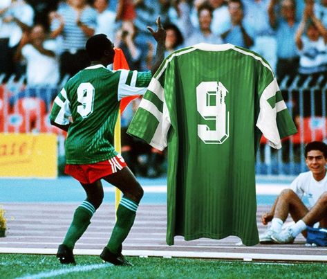 Roger Milla played in 3 World Cups (82, 90, 94) for the Cameroon. He scored 4 goals in World Cup 1990 and helped Cameroon become the first African team to reach the WC quarter-finals. 4 years later, at the age of 42, Milla broke his own record as the oldest goalscorer in World Cup by scoring against Russia in the World Cup 1994. Milla is also remembered for his trademark goal celebration of running to the corner flag and performing a dance. Roger Milla, Goal Celebration, World Cup, Dancing, Russia, Sports Jersey, Old Things, Flag, Running