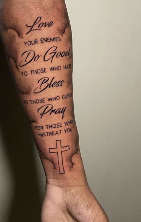 Motivational Forearm Tattoo Men, Bible Chapter Tattoo, Mid Forearm Tattoo, Forearm Tattoo Men Sleeve Bible Verse, Rist Tattoo For Men, Holy Tattoos For Men, Bible Verse Tattoos For Men Forearm Scriptures, Men Tattoo Ideas Forearm, Scripture Tattoos For Men Forearm