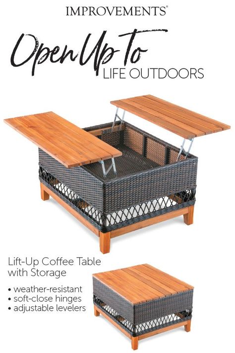 Add style and function to your outdoor living area with this generously sized dual lift-up outdoor coffee table. It functions as a coffee table, then lifts up to be desk height to hold your laptop or food and drink. Plus, it has a storage area that is incredibly useful for holding outdoor pillows, sunglasses, coasters, or more. This multipurpose piece is sure to impress! Outdoor Storage Coffee Table, Outdoor Coffee Table With Storage, Multipurpose Coffee Table, Meja Outdoor, Outdoor Sofa Table, Wood Lift Top Coffee Table, Lift Up Coffee Table, Convertible Coffee Table, Lift Coffee Table