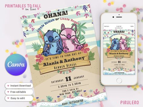 Angel and Stitch Gender Reveal Invitation, Lilo and Stitch Gender Reveal, baby shower Canva template -Stitch and Angel - Instant Download Lilo And Stitch Gender Reveal Ideas, Baby Shower Stitch, Stitch And Angel Gender Reveal, Angel Gender Reveal, Angel Gender, Angel Stitch, Summer Birthday Invitations, Gender Reveal Party Theme, Disney Baby Shower