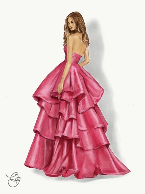 Pink Dress Sketch, Formal Dress Illustration Sketches Women, Ball Gown Fashion Illustration, Party Wear Gown Illustration Sketches, Ruffle Dress Sketch Fashion Illustrations, Fashion Illustration Tutorial, Met Gala Outfits, Fashion Design Books, Met Gala Dresses