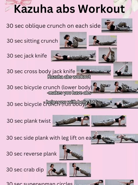 Kazuha Workout Routine, Kazuha Abs Workout, Kazuha Workout, Kpop Workout, Desired Body, Wall Pilates, Oblique Crunches, Stretch Routine, Bicycle Crunches