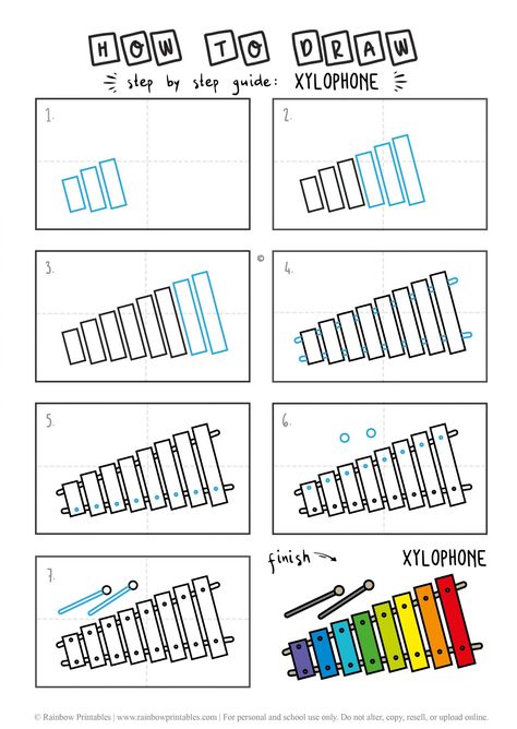 Xylophone Drawing, Illustration Step By Step, Easy Drawing Tutorial, Drawing Tutorials For Kids, Iris Folding, Baby Illustration, Easy Drawings For Kids, Colouring Printables, Drawing Tutorial Easy