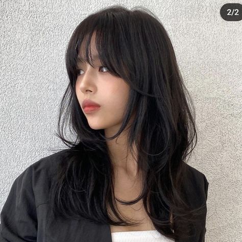 Short Hair Inspo Thick Hair, Wolfcut Asian Hair, Hair For Short Forehead, Long Hush Cut With Bangs, Wolf Cut Medium Length Hair, Bangs With Long Hair Asian, Wispy Hime Cut, Layered Haircuts For Medium Hair Asian, Chinese Haircut Woman