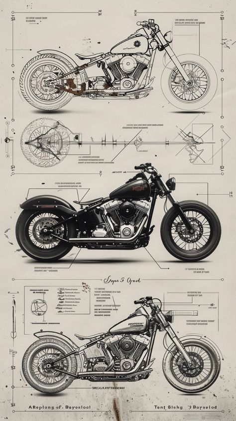 Harley Davidson Posters Vintage, Harley Davidson Motorcycles Drawing, Motorcycle Poster Design, Bike Poster Design, Harley Davidson Aesthetic, Motorcycle Diagram, Motorcycle Blueprint, Harley Davidson Design, Hd Fatboy