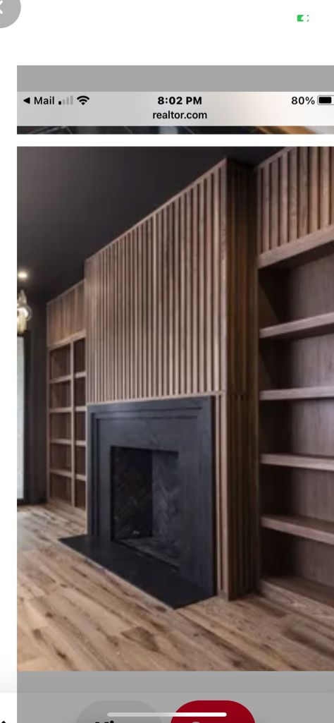 Wood Slats Fireplace Wall, Slat Fireplace Wall, Slat Wall Fireplace, Wood Panel Fireplace, Fireplace Maintenance, Modern Fireplace Ideas Living Rooms, Fireplace Feature, Wood Fireplace Surrounds, Chalet House