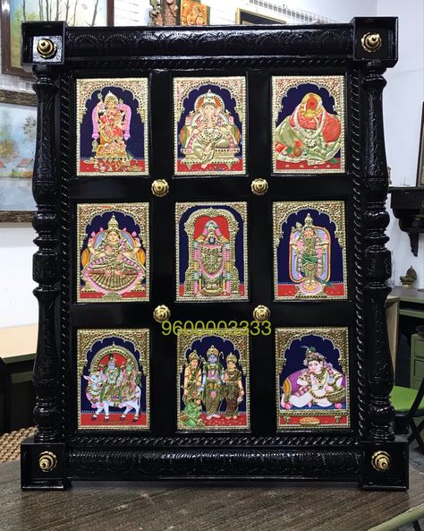 Pooja Room With Door, Thulasi Plant Decoration, Temple Photoshoot, Thulasi Plant, Puja Unit, Pooja Room Designs, Puja Mandir, God Painting, Door Design Photos