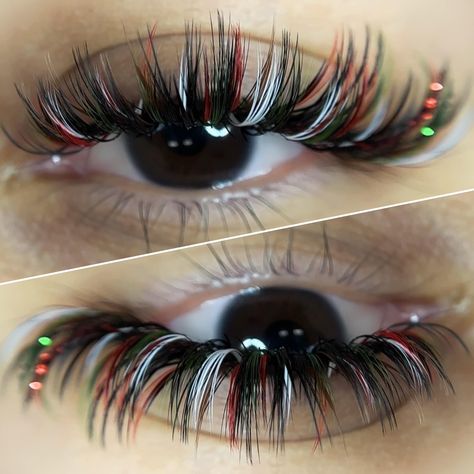 Christmas Eyelashes Extensions, Red And Green Lash Extensions, Color Eyelash Extensions Styles, Fall Lash Extensions, Lash Color Extensions, Holiday Lash Extensions, Christmas Lashes Extensions, Unique Lash Extensions, Christmas Eyelash Extensions