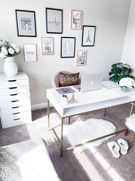 White Office Desk Decor, Gold Home Office, Sleeping Room Design, Home Office White, Office Idea, White Desk Office, Cozy Home Office, Guest Room Office, Office Room Decor