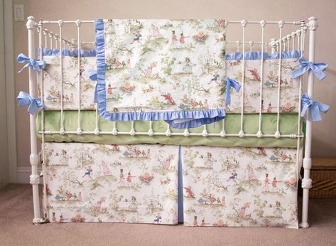 Mother Goose Nursery Rhyme French toile  crib bedding for a boy featuring blue accents Blue Crib Bedding, Mother Goose Nursery, Nursery Rhyme Theme, Goose Nursery, Blue Crib, Elegant Nursery, Peter Rabbit Nursery, Girl Cribs, French Toile