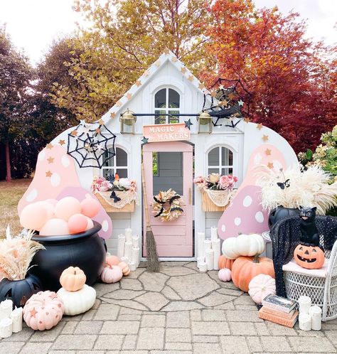 Forestview Ii Playhouse, Amanda Escoe, Haunted Playhouse, Woods Backyard, Halloween Playhouse, Halloween Playroom, White Playhouse, Halloween Kids Party Ideas, Playhouse Remodel