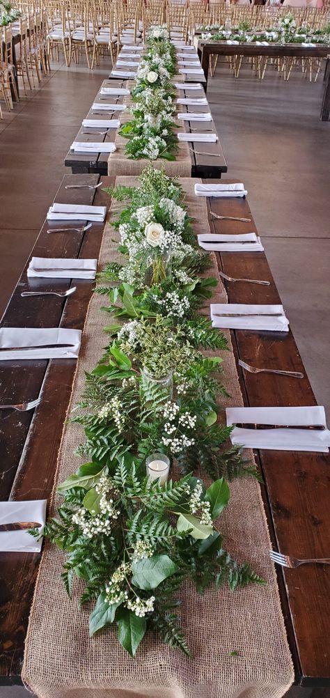 Greens and Babies breath table runner Green Table Runner, Greenery Centerpiece, Babies Breath, Plant Table, Baby S Breath, Table Runners Wedding, Green Table, Aisle Runner, Floating Candles