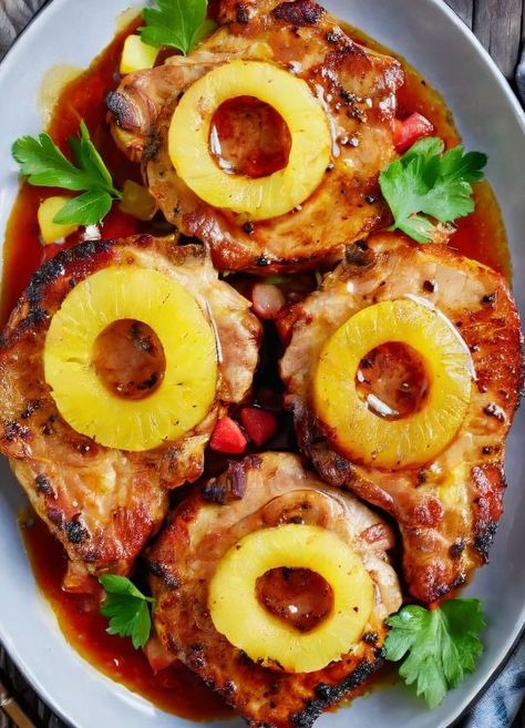 Really good! My mom has been telling me to do this again and I won't hesitate! Pineapple Pork Chops, Pork Chop Recipes Crockpot, Baked Pineapple, Pineapple Pork, Easy Pork Chops, Pork Chop Recipes Baked, Pork Chop Dinner, Pork Loin Recipes, Boneless Pork Chops