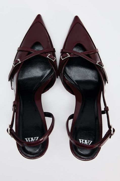 BUCKLED STRAP HEELED SHOES - Burgundy Red | ZARA United States Buckled Shoes, Slingback Kitten Heels, Blazers Shoes, Pointed Toe Heels, Dream Shoes, Skorts, Heel Shoes, Back Strap, Strappy Heels