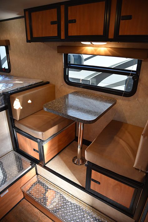 Table To Bed Camper, Camper Dinette Bed, Camper Storage Under Dinette, Diy Camper Dinette Bed, Convert Truck Bed To Camper, Camper Equipment, Slide In Truck Campers, Pop Up Truck Campers, Small Camper Trailers