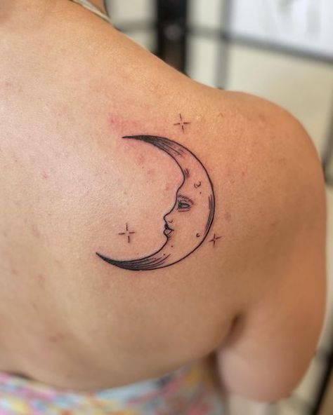 Sam on Instagram: "sun and moon for megan! #tattoo #tattoos #suntattoo #moontattoo #linework #lineworktattoo #backtattoo #brooklyntattooartist #nyctattooartist #blackandgreytattoos" Long Moon Tattoo, Crescent Moon Flash Tattoo, Moon Face Tattoo, Sun Moon Line Tattoo, Crescent Moon Face Tattoo, Sun Moon And Stars Line Tattoo, Line Work Moon Tattoo, Feminine Moon Face Tattoo, Moonlight Tattoo