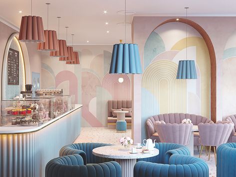 CONFECTIONARY|КОНДИТЕРСКАЯ on Behance Interior Design Accent Wall, Design Accent Wall, Cake Shop Interior, Bathroom Behance, Comercial Interior Design, Genting Highlands, Blue Cafe, Bakery Interior, Bakery Design Interior