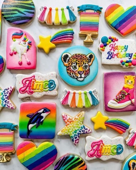 Lisa Frank Sheet Cake, Lisa Frank Cookies Decorated, Lisa Frank Desserts, Lisa Frank Party Food, Lisa Frank Cookies, Lisa Frank Cake, Lisa Frank Birthday Cookies, Lisa Frank Cheetah Cake, Lisa Frank Birthday Party