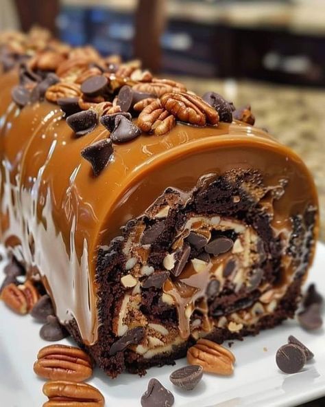 Latest Cooking Recipes | 🌟 Gooey Chocolate Caramel Turtle Cake Roll 🌟 | Facebook Chocolate Caramel Cake, Cake Roll Recipes, Turtle Cake, Chocolate Sponge Cake, Chocolate Roll, Rich Chocolate Cake, Caramel Pecan, Crunchy Pecans, Roll Cake