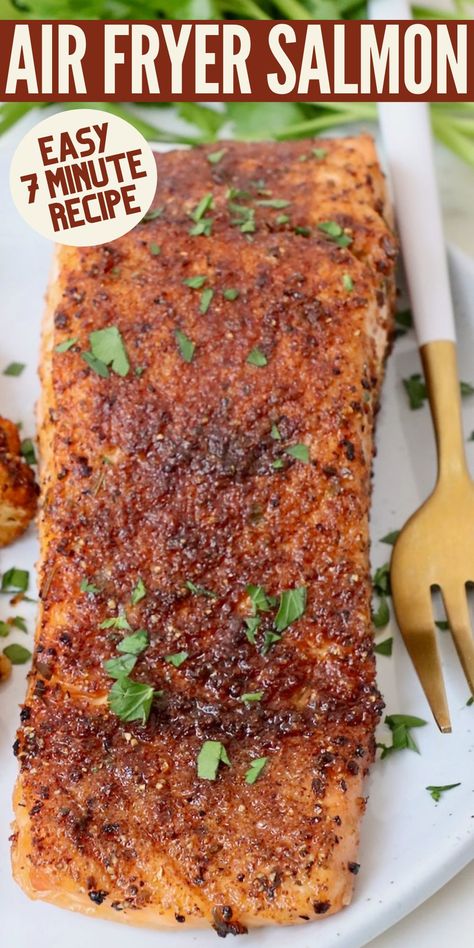 Use this easy recipe for Air Fryer Salmon to make the most tender and flavorful salmon ever! This simple recipe is healthy, gluten free, and easy to make in just 10 minutes. Better than any salmon dish at a restaurant, this is guaranteed to be your new favorite way to cook salmon fillets! Oven Air Fryer Salmon, Salmon In The Air Fryer Recipes, Cooking Frozen Salmon, Blackened Salmon Air Fryer, Cook Salmon In Air Fryer, Salmon Fillet Recipes Air Fryer, How To Cook Salmon In Air Fryer, Cooking Salmon In Air Fryer, Best Air Fryer Salmon