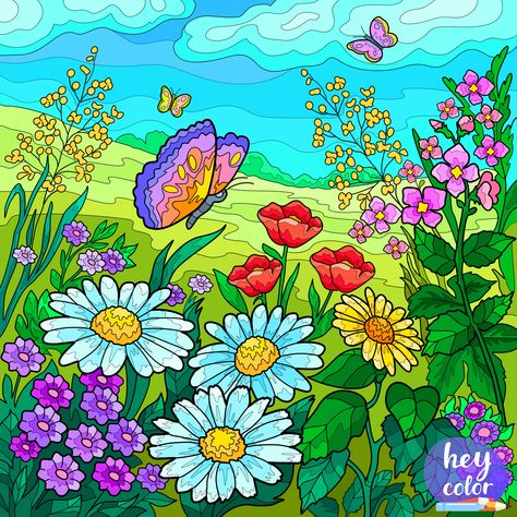 Flower Garden Drawing Simple, Butterfly Garden Drawing, Flower Garden Drawing, Scenery Drawing For Kids, Blooming Garden, Garden Drawing, Baby Drawing, Picture Puzzles, Butterfly Drawing