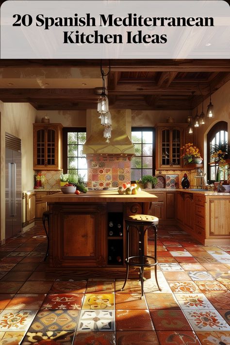 Saltillo floor tiles infuse your Spanish Mediterranean kitchen with rustic charm and authentic character. Their warm tones and handmade allure evoke the essence of traditional Spanish homes Rustic Kitchen Floor Tile, Spanish Tile Kitchen, Spanish Mediterranean Kitchen, Spanish Colonial Kitchen, Mediterranean Kitchen Ideas, Saltillo Floor, Spanish Floor Tile, Southwest Kitchen, Saltillo Tile Floor