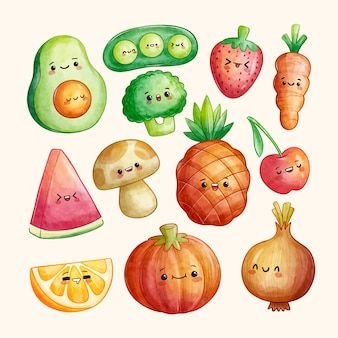 Food Art Drawing Cartoon, Fruits Cute Drawing, Food Characters Illustration, Cute Food Characters, Kawaii Fruit Drawing, Cartoon Fruit Drawing, Cute Fruit Art, Cute Fruits Drawings, Cute Vegetables Drawing