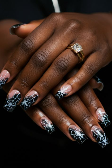 Halloween nail art including spider web themed nail art design, #spider #spiderweb #nailart #halloweennaildesign #squarenails Spider Web Nail Art, Web Nail Art, Spiderman Nails, Halloween Nail Art Ideas, Themed Nail Art, Nail Art Inspo, Halloween Nail Designs, Halloween Nail, Halloween Nail Art