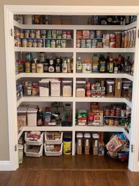 Kitchen Pantry Open Shelving, Small Step In Pantry, Wide Shallow Pantry, One Wall Pantry Shelving Ideas, Reach In Pantry Makeover, One Wall Pantry Ideas, Wide Pantry Ideas, Long Narrow Pantry Ideas, Adding A Pantry To A Small Kitchen