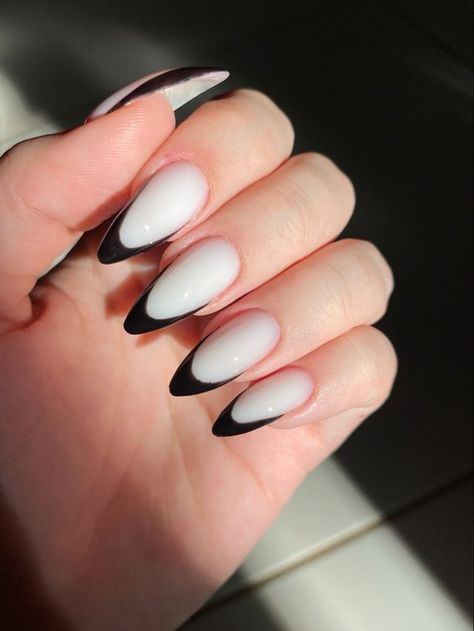 Milky Black French Nails, White Nails Black French Tip, Milky Nails Black French, Milky White Black French Nails, Milky White Nails With Black French Tip, Milky And Black Nails, French Black And White Nails, Black And White Nails French Tips, Black Nails With White French Tip