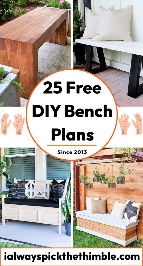 25 Free DIY Bench Plans: How To Build a Simple Bench Front Porch Benches Diy, Building Bench Seating, How To Build A Bench Outdoor, Diy Garden Bench Plans, Diy Sitting Bench, Homemade Benches For Outside, Diy Benches For Outside, Diy Outdoor Bench Easy, Simple Bench Diy