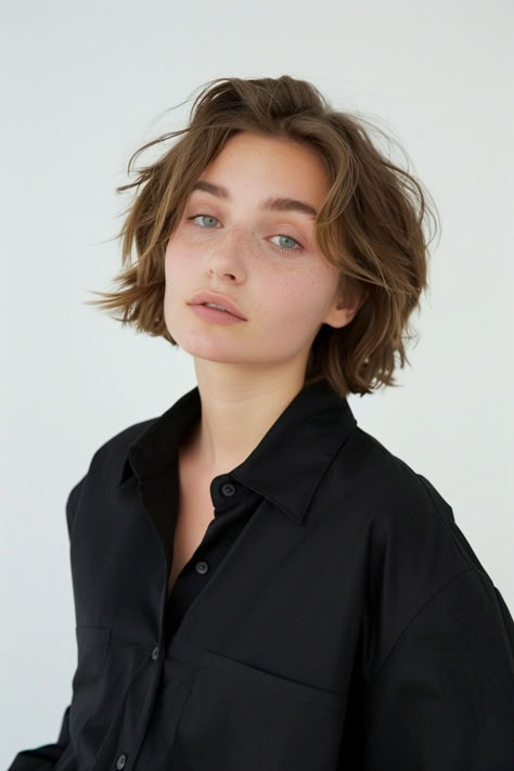 Effortless tousled bob suitable for all genders, featuring a stylish and modern look. Haircut For Trans Woman, Lesbian Hair Round Face, Queer Haircut Fine Hair, Shoulder Length Nonbinary Hairstyles, Short Haircut Types, Hairstyles For Growing Out A Bob, Queer Haircut Bob, Short Edgy Haircuts Straight Hair, Short Hair For Women With Thick Hair