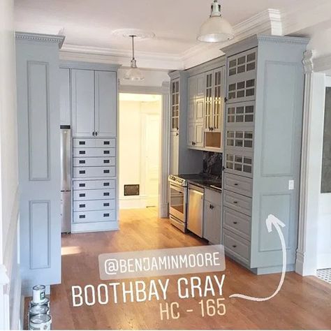 Booth Bay Gray, Boothbay Gray, Gray Kitchen Island, Benjamin Moore Kitchen, Gray Island, Grey Kitchen Island, Kitchen Desks, Kitchen Desk, Agreeable Gray