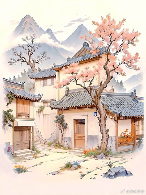 Ancient Korean Art, Madina Sharif Beautiful Pic, Chinese Watercolor Painting, Pretty Cottage, Ancient Houses, Ancient Paintings, Chinese Landscape, Landscape Photography Nature, Urban Sketchers