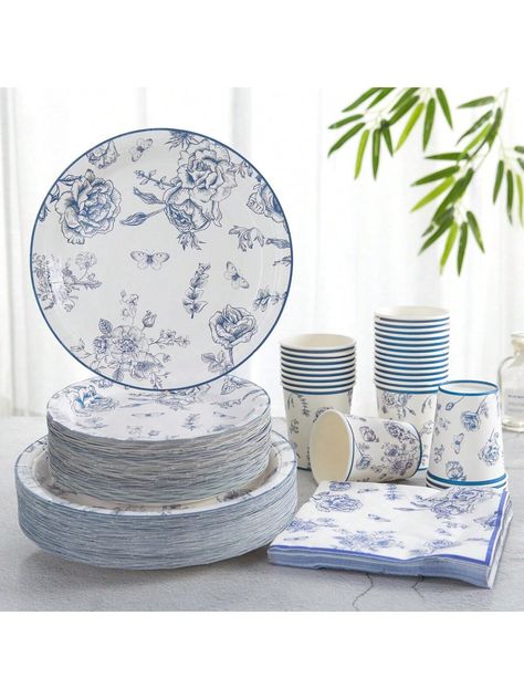 Disposable Blue And White Porcelain Floral Party Supplies, Chinese-Style Floral Printed Paper Dessert Plates, Cups And Napkins, Blue And White Porcelain Plates Suitable For Bridal Showers, Wedding Parties, Tea Parties And Decorations. Multicolor    Paper     Event & Party Supplies, size features are:Bust: ,Length: ,Sleeve Length: Antique Bridal Shower Decor, Blue Floral Dishes, White And Blue Theme Party, Dusty Blue Party Decor, Blue Bridal Shower Centerpieces, Blue And White Wedding Shower Ideas, Blue And White Fall Wedding, Blue And White Party Decorations, Dusty Blue Bridal Shower Ideas