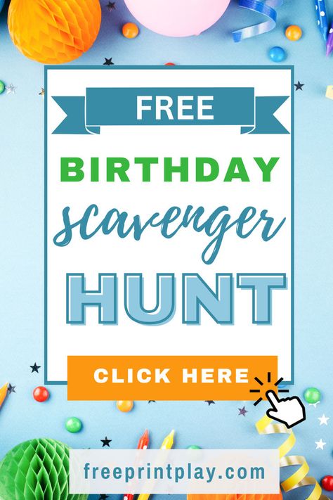 click here for free birthday scavenger hunt from freeprintplay.com in front of candles, paper decorations, and confetti Birthday Gift Scavenger Hunt, Gift Scavenger Hunt, Birthday Party Scavenger Hunt, Scavenger Hunt Template, Birthday Scavenger Hunt, Birthday Games For Kids, Easy Birthday Gifts, Birthday Morning Surprise, Scavenger Hunt Printable