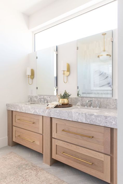 Project Reveal: Beach Front Master Bathroom - BECKI OWENS Daughters Bathroom, Vanity Cabinets, Brass Sconces, Becki Owens, Quartz Counter, Primary Bathroom, Vanity Ideas, Master Bath Remodel, Vanity Bathroom