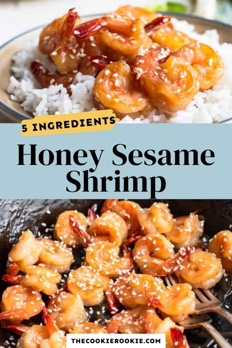 Orange Shrimp Recipes Easy, Honey Sesame Shrimp, Gf Shrimp Recipes, Sesame Shrimp Recipes, Sesame Fish Recipe, Honey Shrimp Recipes, Sesame Prawns, Sticky Shrimp, Chinese Prawns