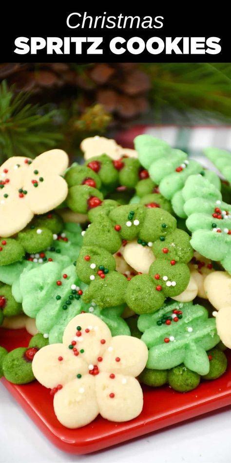 green and white spritz cookies Fun Food Ideas For Kids, Christmas Spritz, Christmas Spritz Cookies, Peppermint Shake, Spritz Cookie, Peppermint Truffles, Bake Sale Treats, Spritz Cookie Recipe, German Christmas Cookies