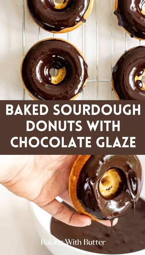 Homemade Baked Sourdough Donuts With Chocolate Glaze - fresh, flavorful, and satisfying. Baked Sourdough Doughnut Recipe, Sourdough Party Food, Sourdough Donut Recipe, Sourdough Sweets, Sourdough Cake, Recipe Using Sourdough Starter, Sourdough Starter Discard Recipe, Discard Recipes, Homemade Sourdough