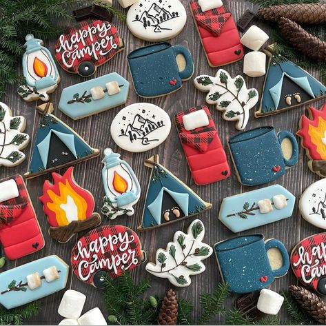 Campfire Cookies, Happy Camper Birthday Party, Camping Cookies, Flooding Cookies, S Cookies, Camping Theme Party, Sugar Cookie Royal Icing, Summer Cookies, Sugar Cookie Designs